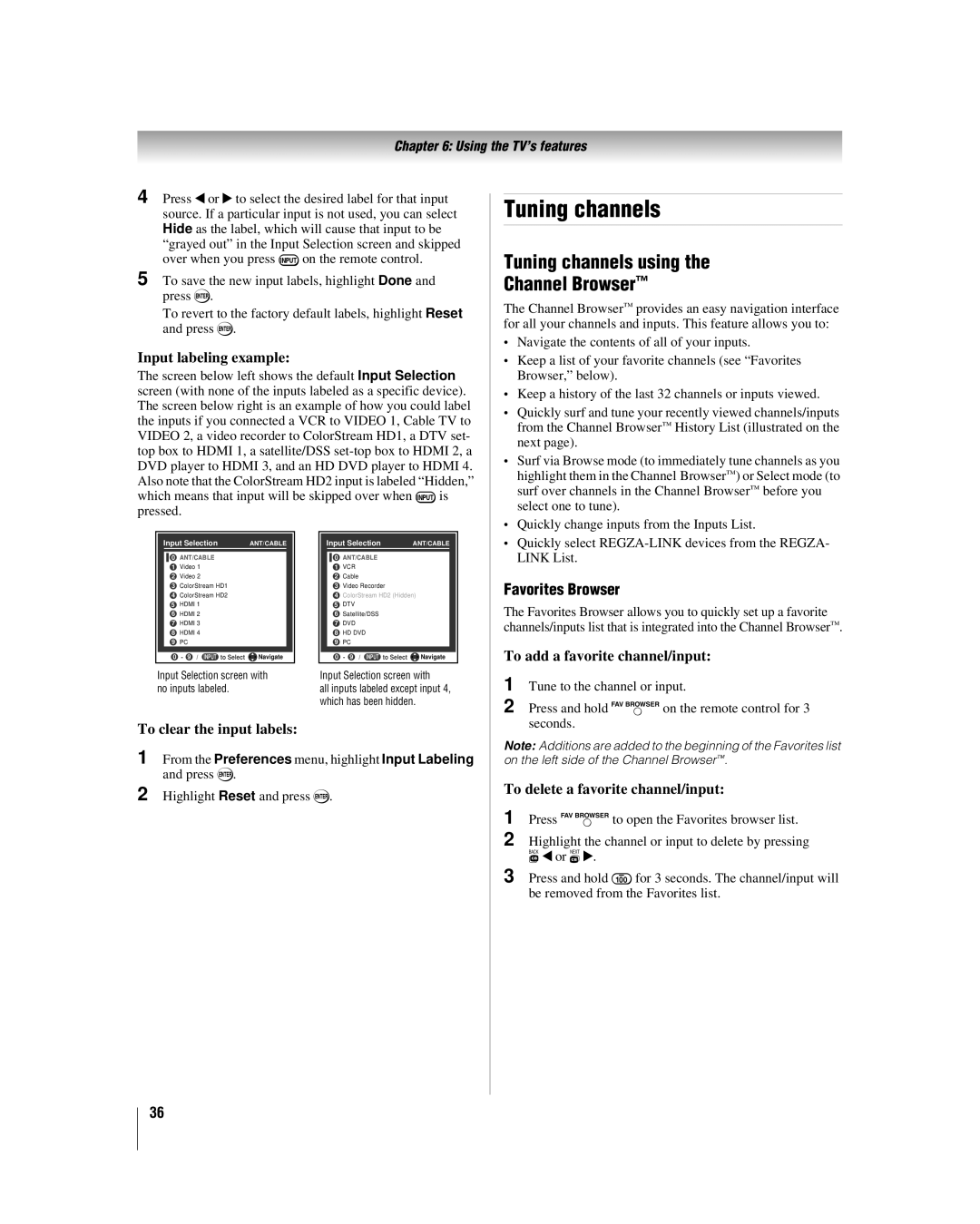 Toshiba 37RV530U, 32RV530U, 52RV530U, 46RV530U, 42RV530U manual Tuning channels using Channel Browser, Favorites Browser 
