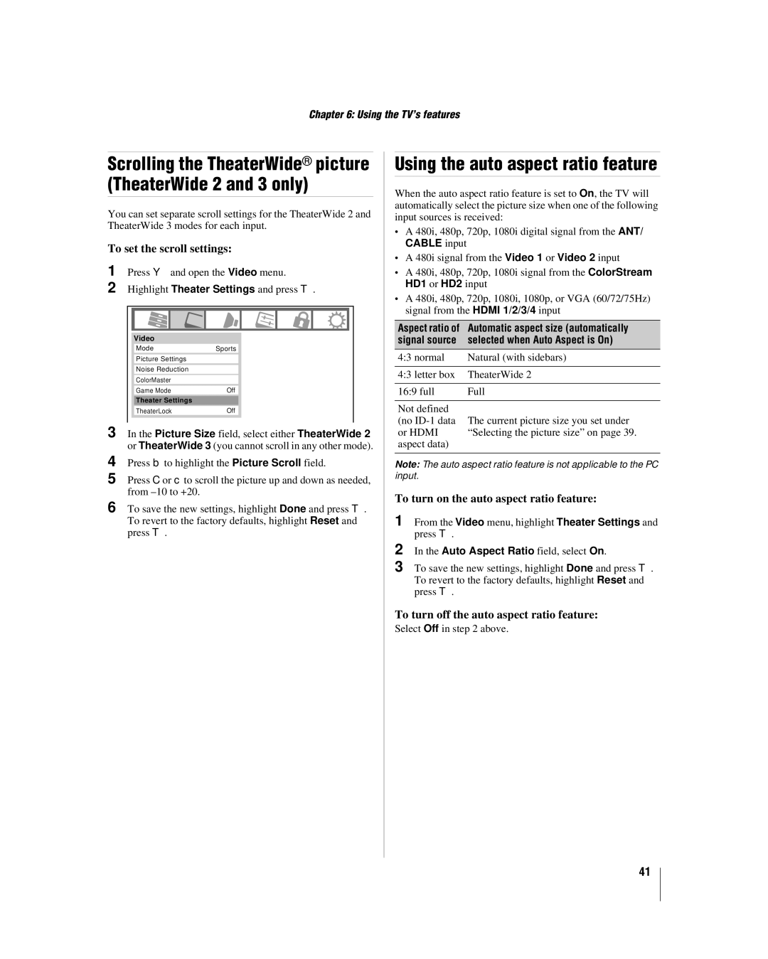 Toshiba 37RV530U Using the auto aspect ratio feature, To set the scroll settings, To turn on the auto aspect ratio feature 