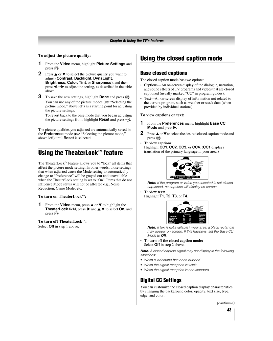 Toshiba 46RV530U Using the TheaterLock feature, Using the closed caption mode, Base closed captions, Digital CC Settings 