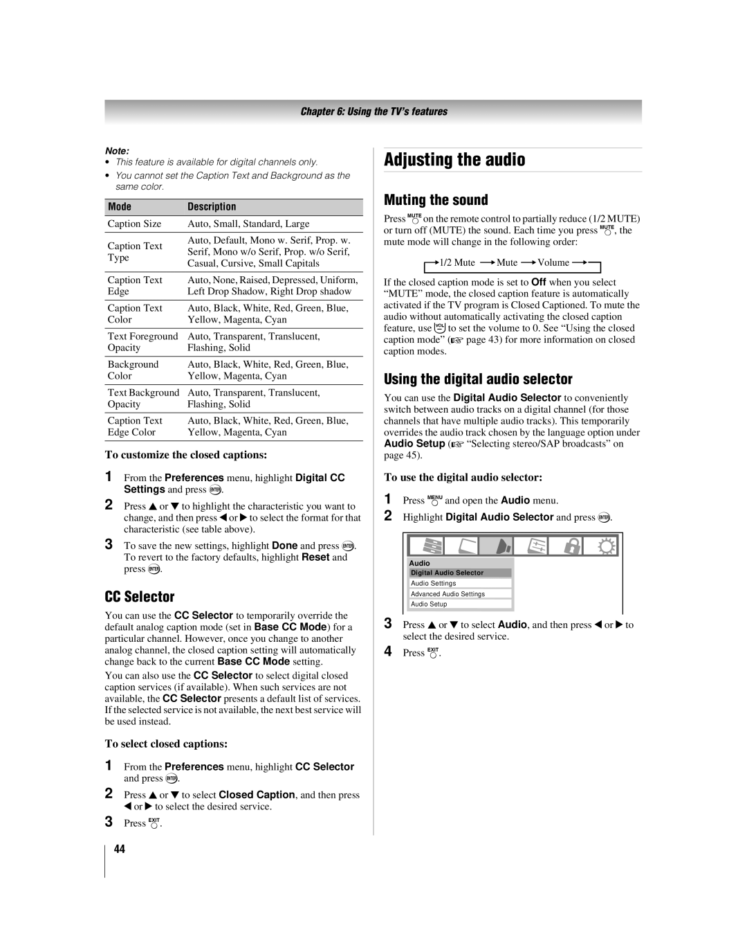 Toshiba 42RV530U, 32RV530U, 37RV530U Adjusting the audio, CC Selector, Muting the sound, Using the digital audio selector 