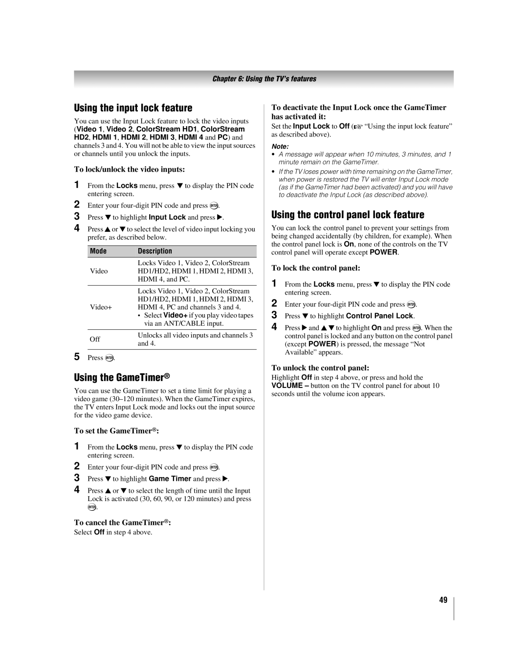 Toshiba 42RV530U, 32RV530U manual Using the input lock feature, Using the GameTimer, Using the control panel lock feature 