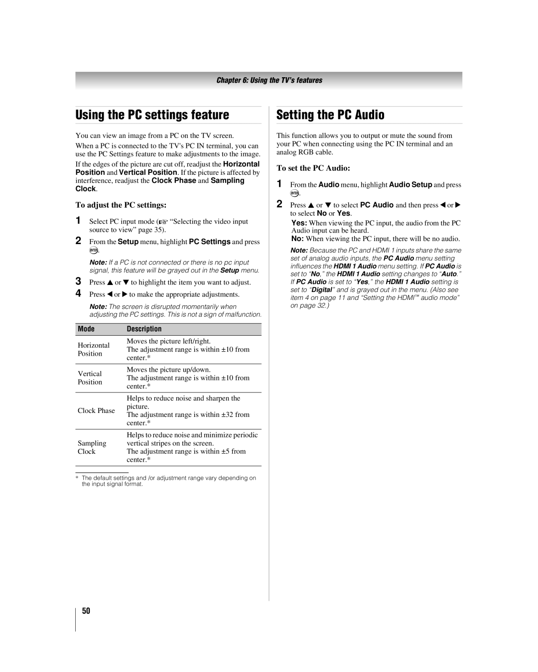 Toshiba 32RV530U manual Using the PC settings feature, Setting the PC Audio, To adjust the PC settings, To set the PC Audio 