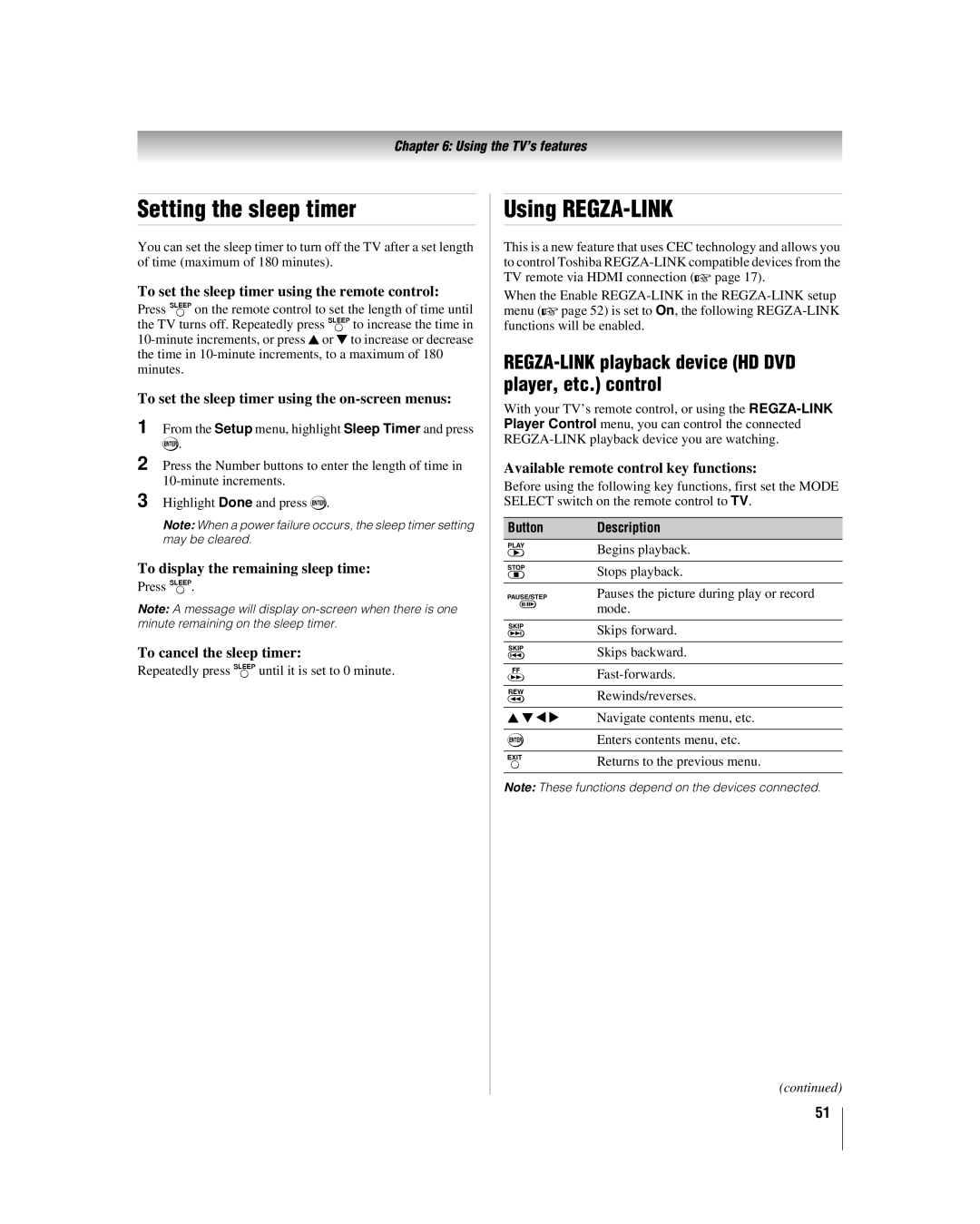 Toshiba 37RV530U manual Setting the sleep timer, Using REGZA-LINK, REGZA-LINK playback device HD DVD player, etc. control 