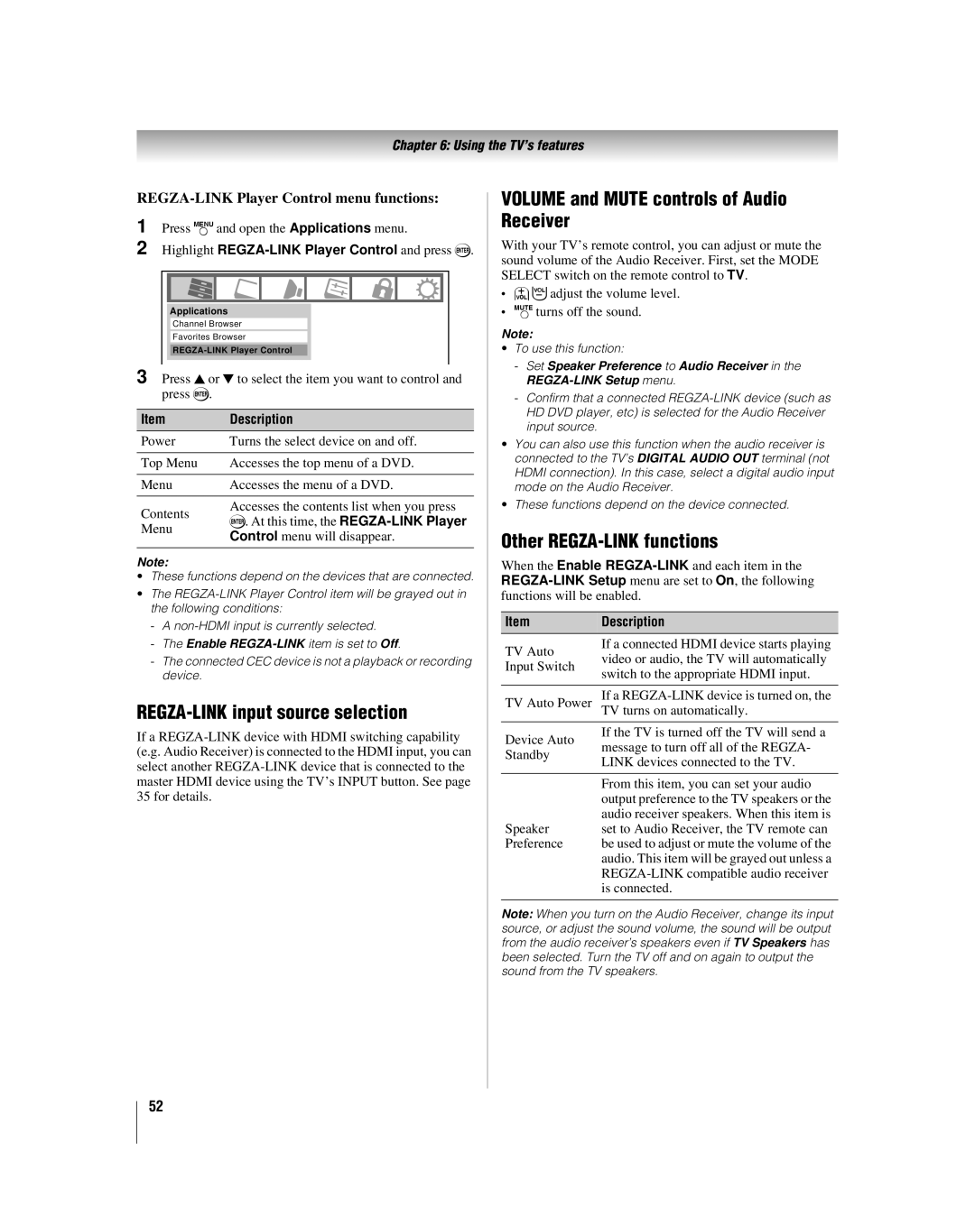 Toshiba 52RV530U REGZA-LINK input source selection, Volume and Mute controls of Audio Receiver, Other REGZA-LINK functions 