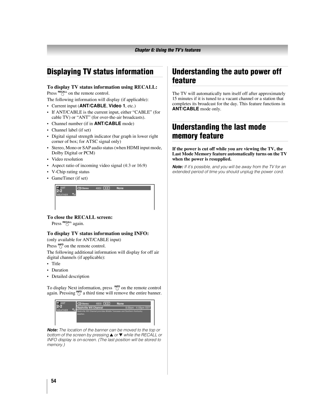 Toshiba 42RV530U, 32RV530U, 37RV530U Understanding the auto power off feature, Understanding the last mode memory feature 