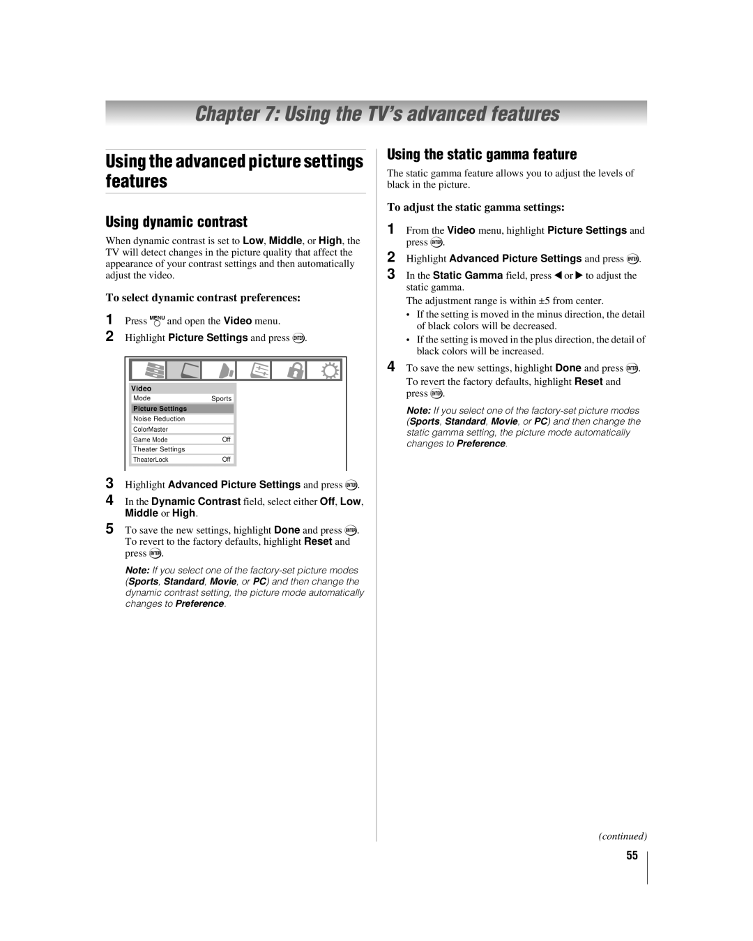 Toshiba 32RV530U Using the TV’s advanced features, Using the advanced picture settings features, Using dynamic contrast 