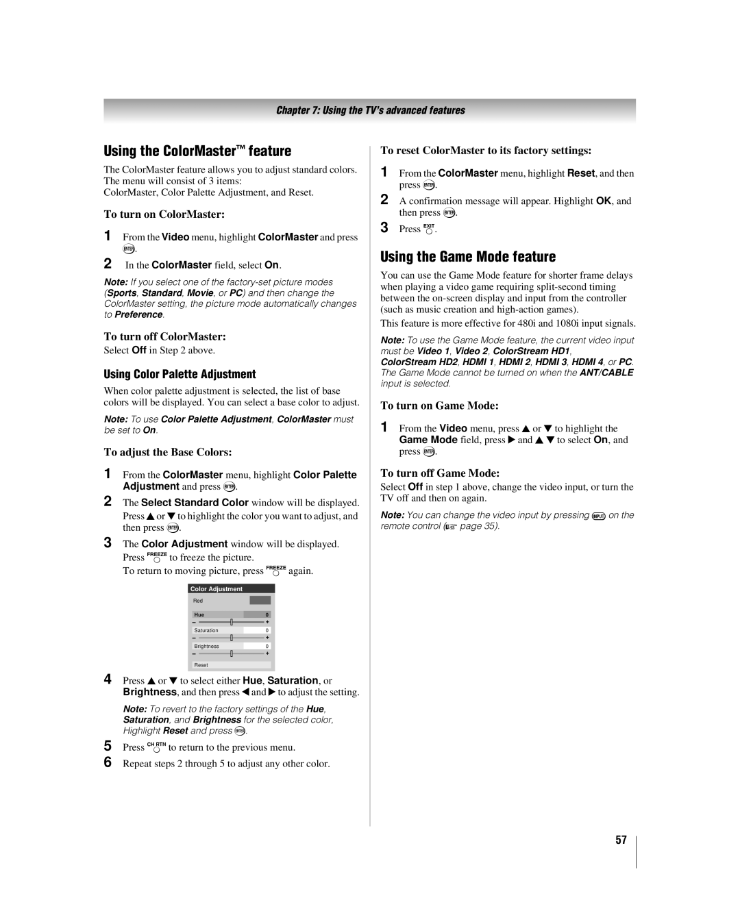 Toshiba 52RV530U, 32RV530U manual Using the ColorMaster feature, Using the Game Mode feature, Using Color Palette Adjustment 