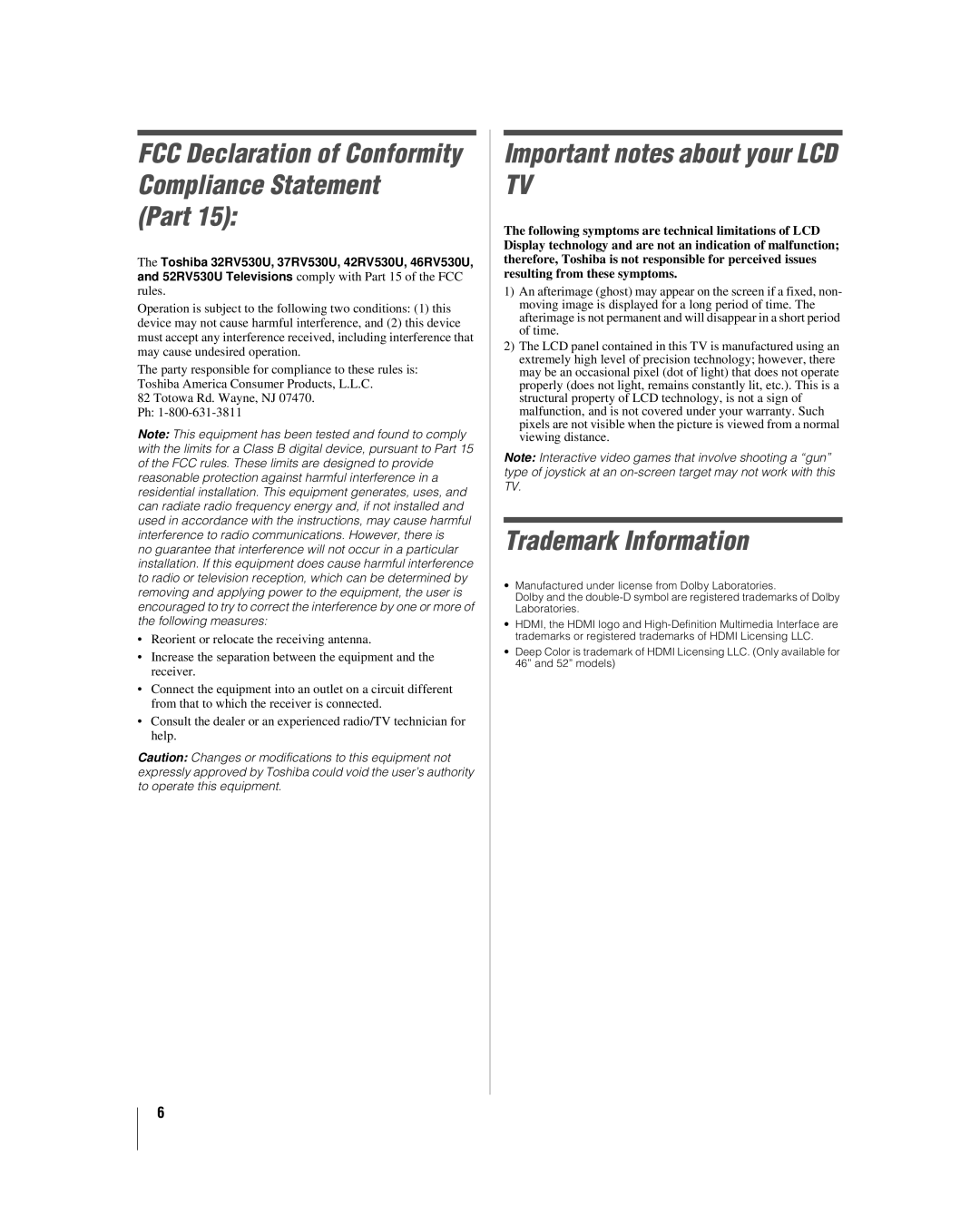 Toshiba 37RV530U, 32RV530U, 52RV530U, 46RV530U, 42RV530U manual Part, Important notes about your LCD TV, Trademark Information 
