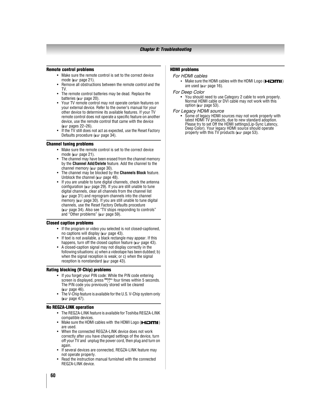 Toshiba 32RV530U manual Remote control problems, Channel tuning problems, Closed caption problems, No REGZA-LINK operation 