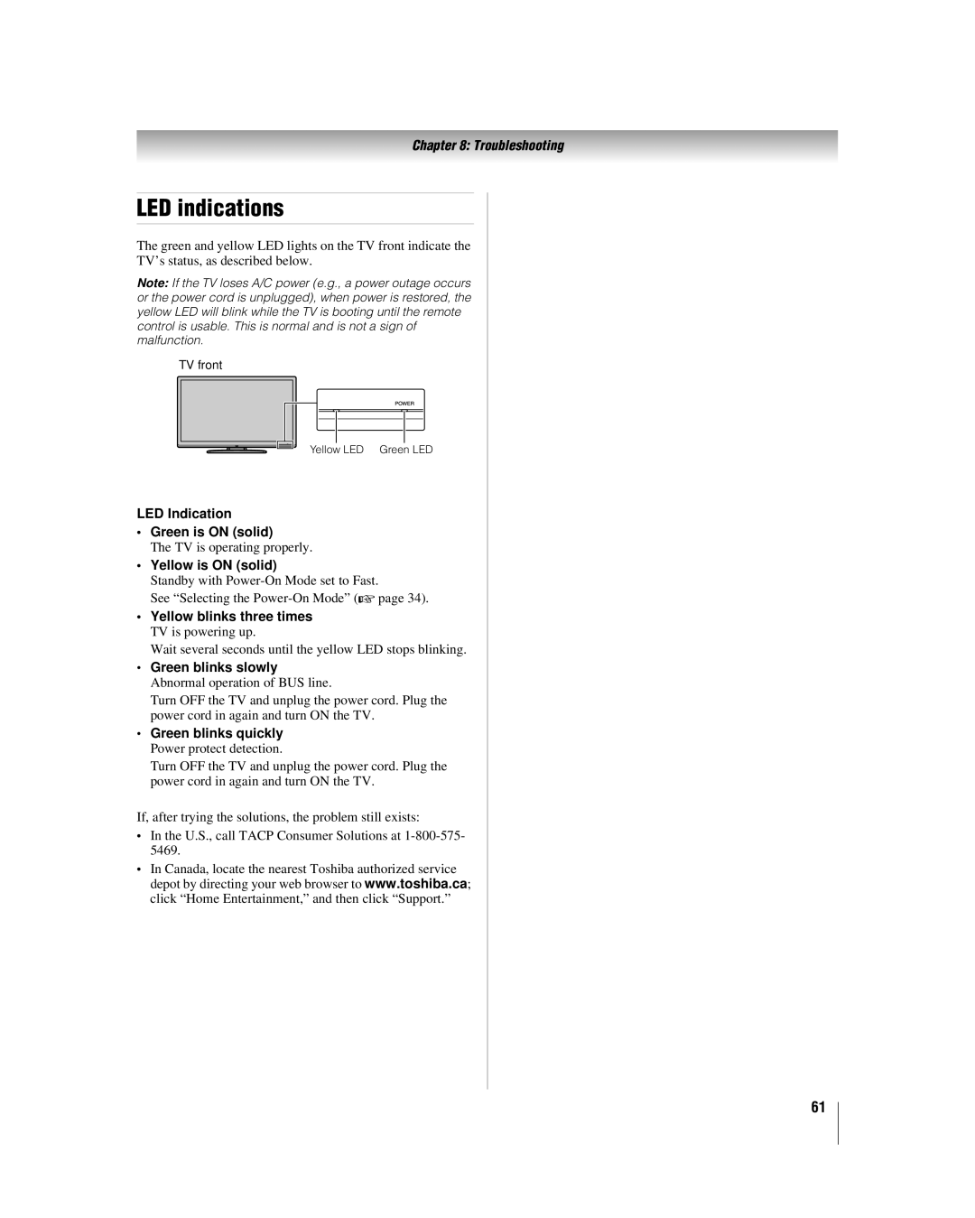 Toshiba 37RV530U, 32RV530U, 52RV530U, 46RV530U, 42RV530U manual LED indications 