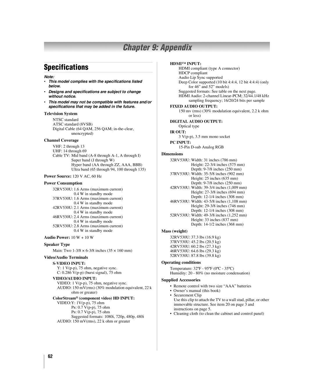 Toshiba 52RV530U, 32RV530U, 37RV530U, 46RV530U, 42RV530U manual Appendix, Specifications 