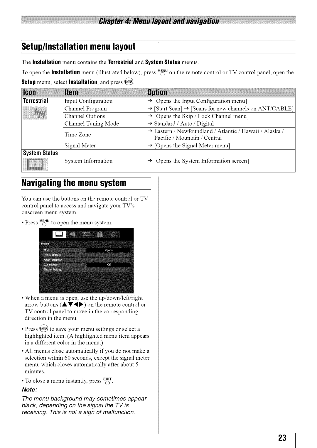 Toshiba 19SL410U, 32SL410U, 24SL410U Setup/Installation menu layout, Navigating the menu system, Terrestrial, System Status 