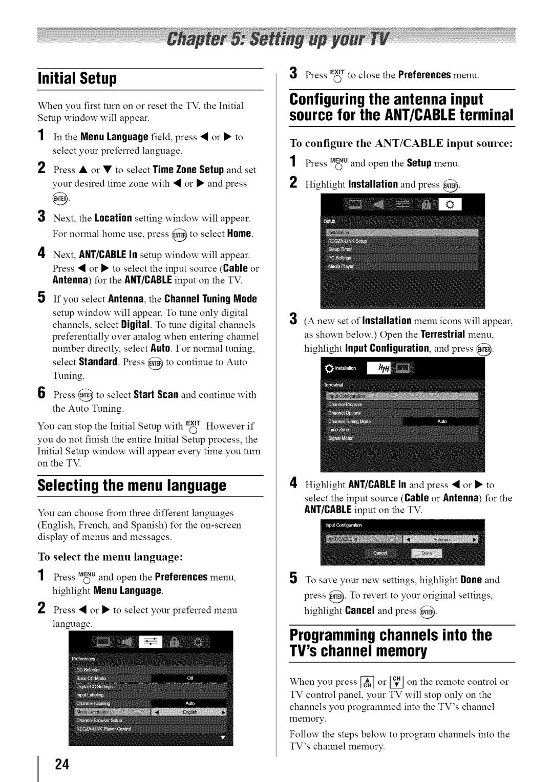 Toshiba 32SL410U Selecting the menu language, Programming channels into the TVschannel memory, Highlight Menu Language 