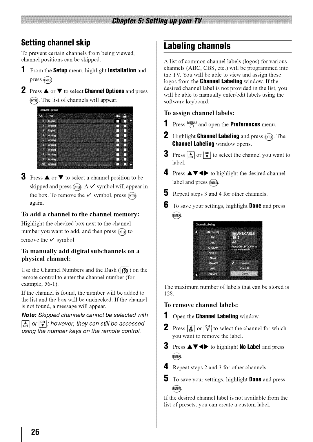 Toshiba 19SL410U, 32SL410U, 24SL410U manual Labeling channels, Setting channel skip, To assign channel labels 
