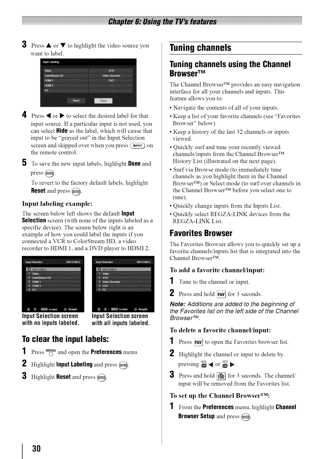 Toshiba 32SL410U, 24SL410U To clear the input labels, Tuning channels using the Channel BrowserTM, Favorites Browser 