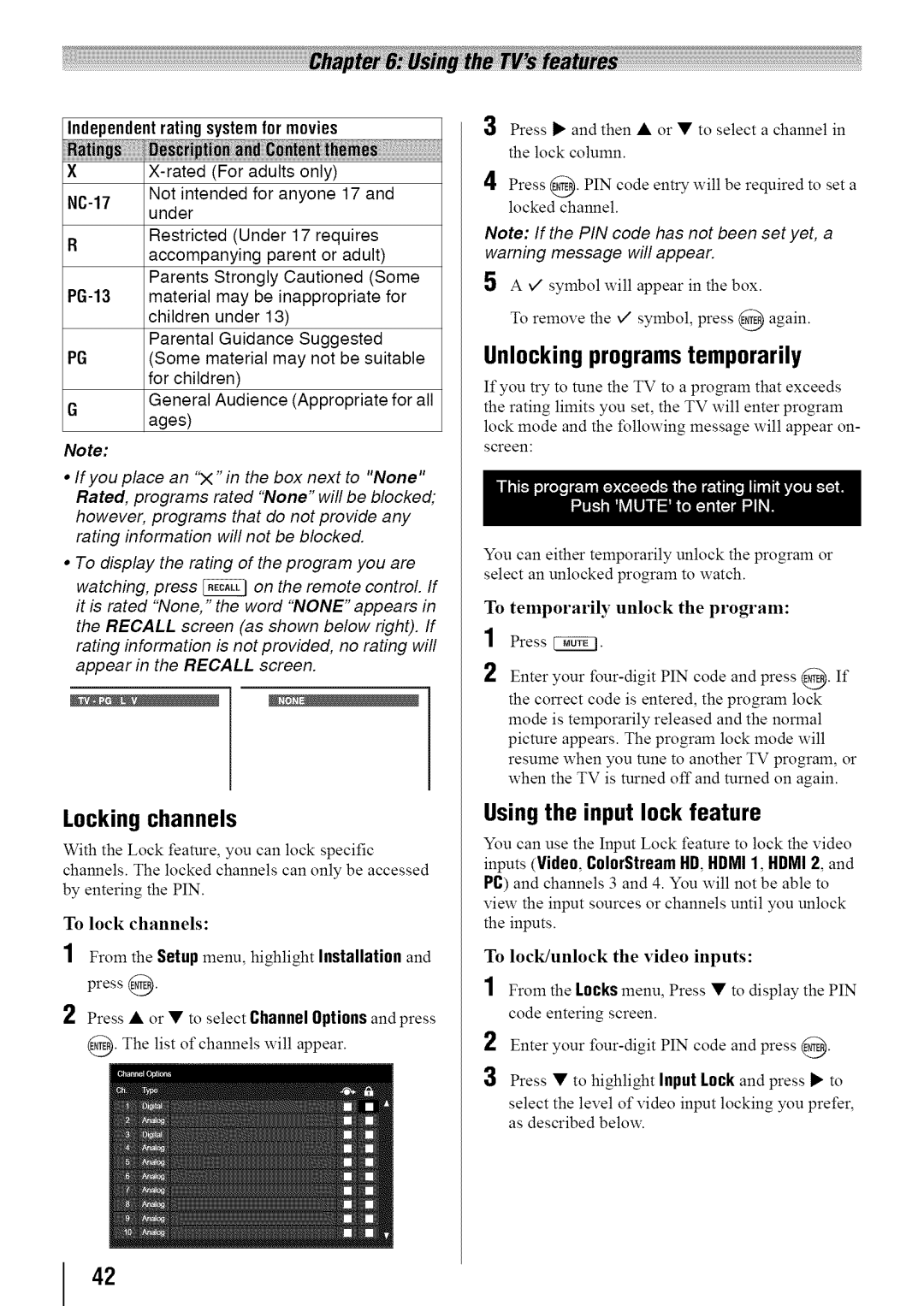 Toshiba 32SL410U, 24SL410U, 19SL410U manual Locking channels, Unlocking programs temporarily, Using the input lock feature 