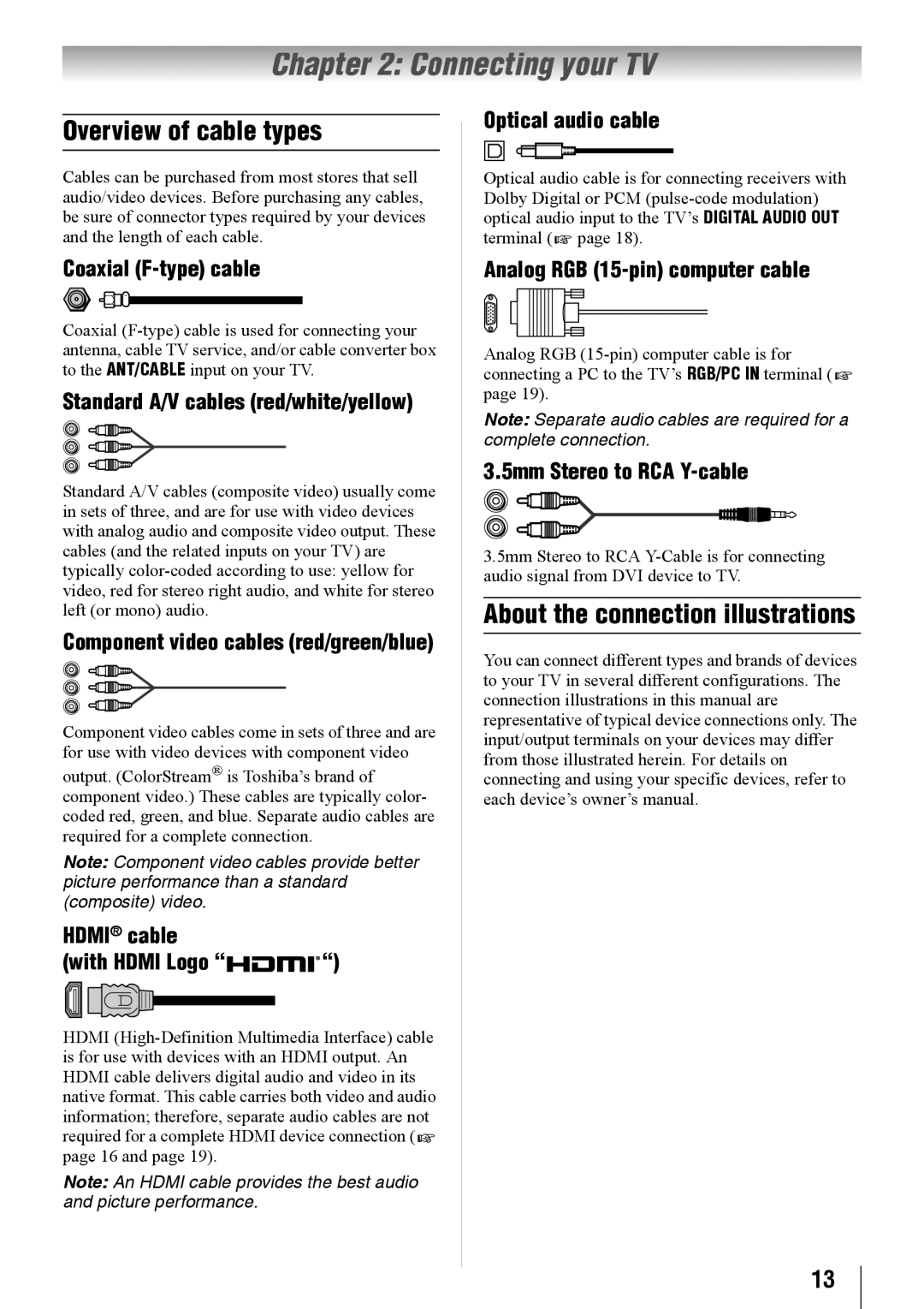 Toshiba 24SL410U, 32SL410U, 19SL410U Connecting your TV, Overview of cable types, About the connection illustrations 