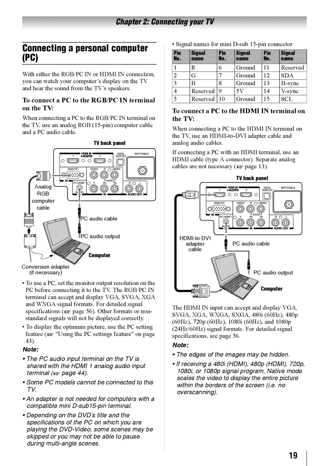 Toshiba 24SL410U, 32SL410U, 19SL410U Connecting a personal computer PC, To connect a PC to the RGB/PC in terminal on the TV 