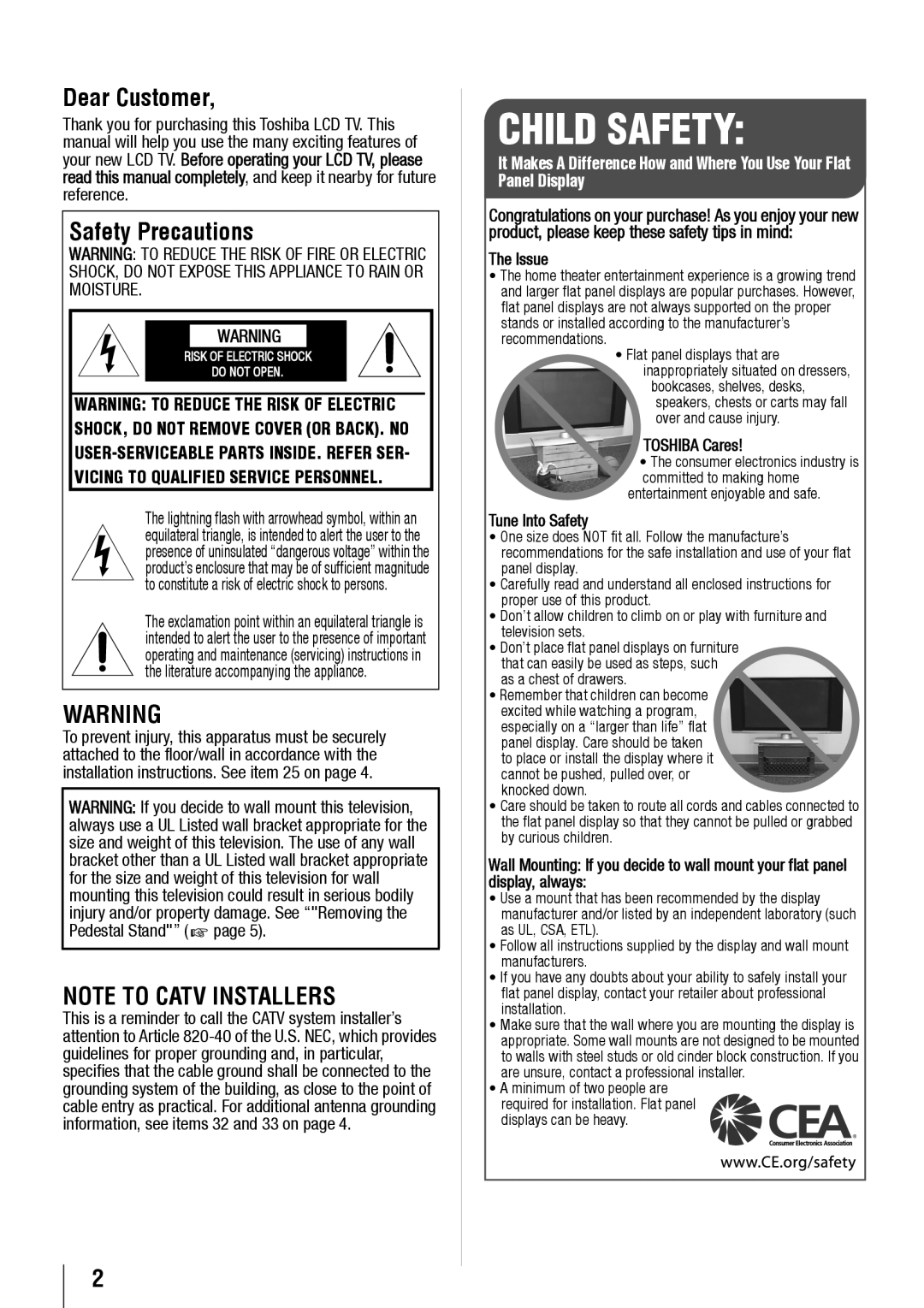 Toshiba 19SL410U, 32SL410U, 24SL410U owner manual Dear Customer, Safety Precautions 