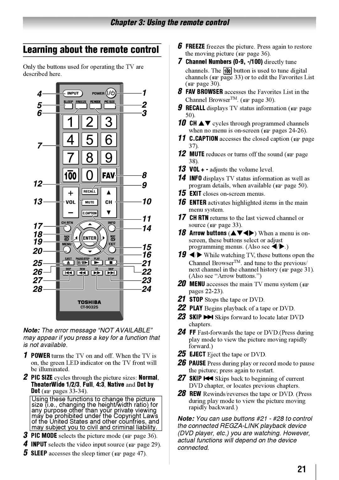 Toshiba 32SL410U, 24SL410U Learning about the remote control, TheaterWide 1/2/3, Full, 43, Native and Dot by Dot pages 