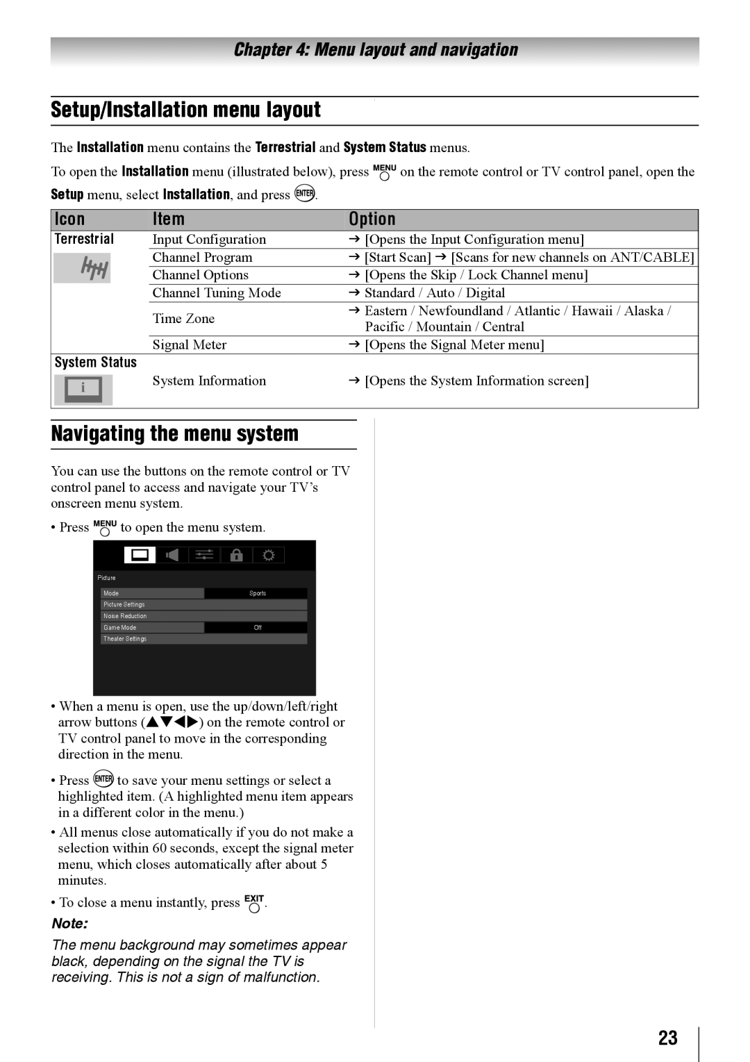 Toshiba 19SL410U Setup/Installation menu layout, Navigating the menu system, Terrestrial, Pacific / Mountain / Central 