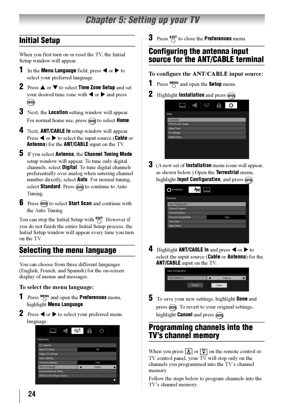 Toshiba 32SL410U, 24SL410U, 19SL410U owner manual Setting up your TV, Initial Setup, Selecting the menu language 