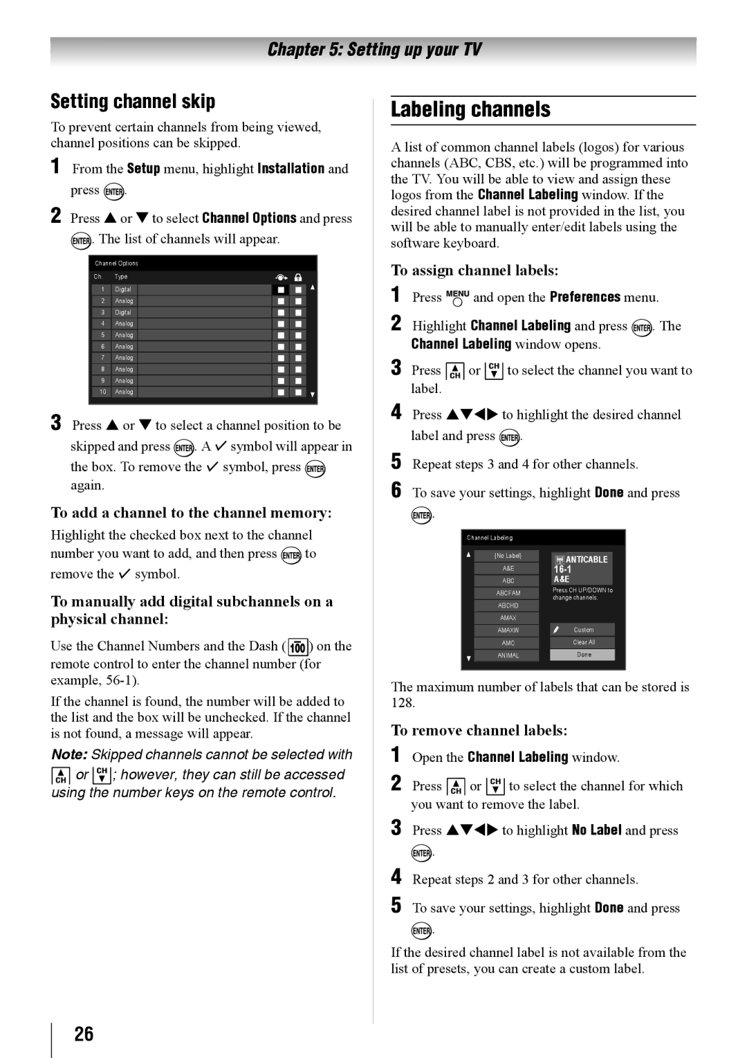 Toshiba 19SL410U, 32SL410U, 24SL410U owner manual Labeling channels, Setting channel skip 