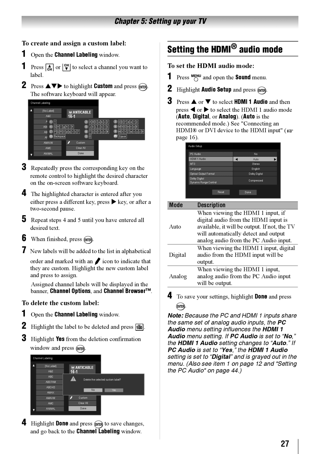 Toshiba 32SL410U, 24SL410U Setting the Hdmi audio mode, To create and assign a custom label, To delete the custom label 