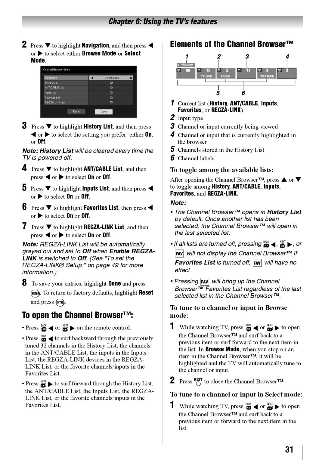 Toshiba 24SL410U To open the Channel Browser, Elements of the Channel Browser, To toggle among the available lists 