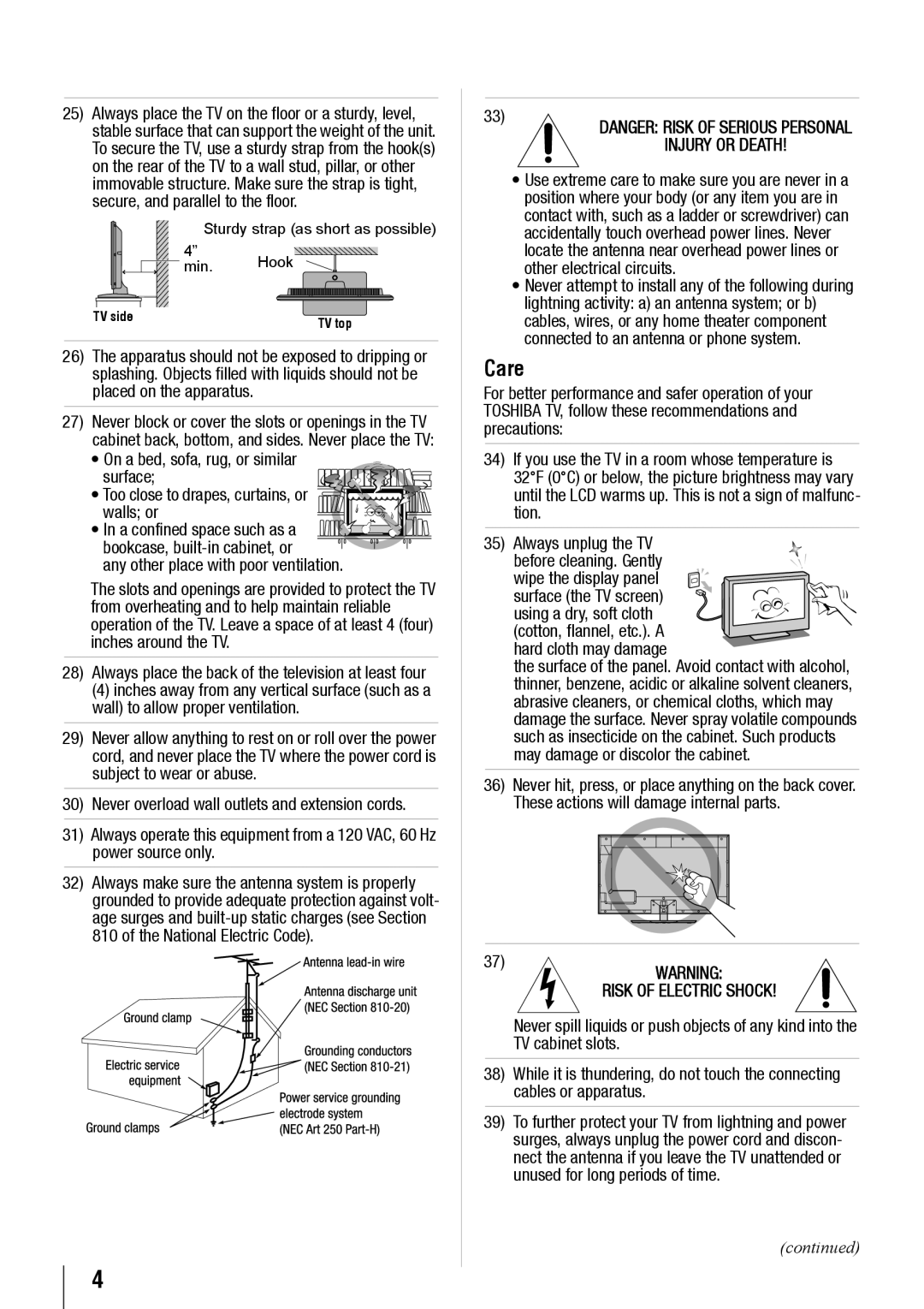 Toshiba 24SL410U, 32SL410U, 19SL410U owner manual Care, Any other place with poor ventilation 