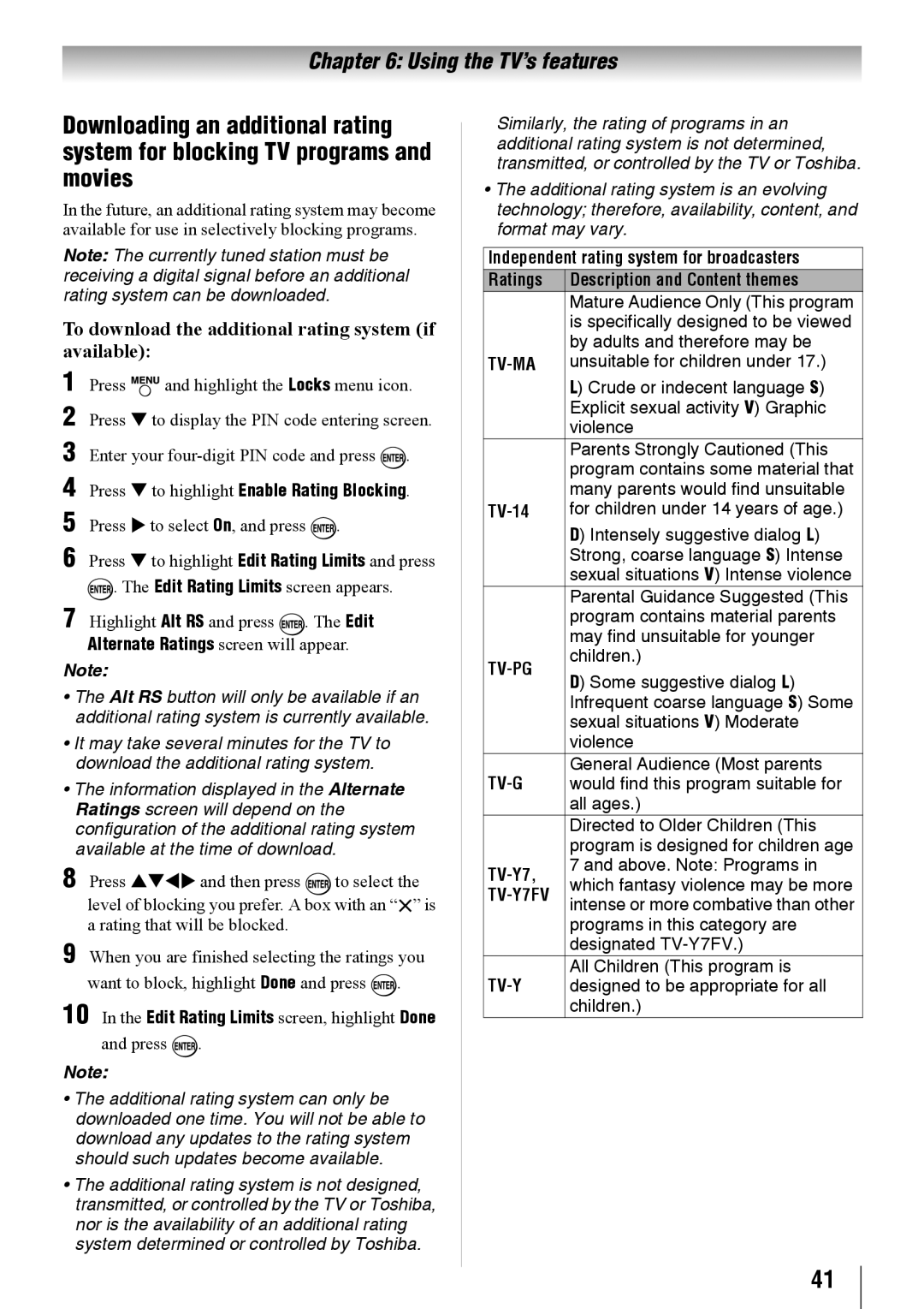 Toshiba 19SL410U To download the additional rating system if available, Independent rating system for broadcasters Ratings 