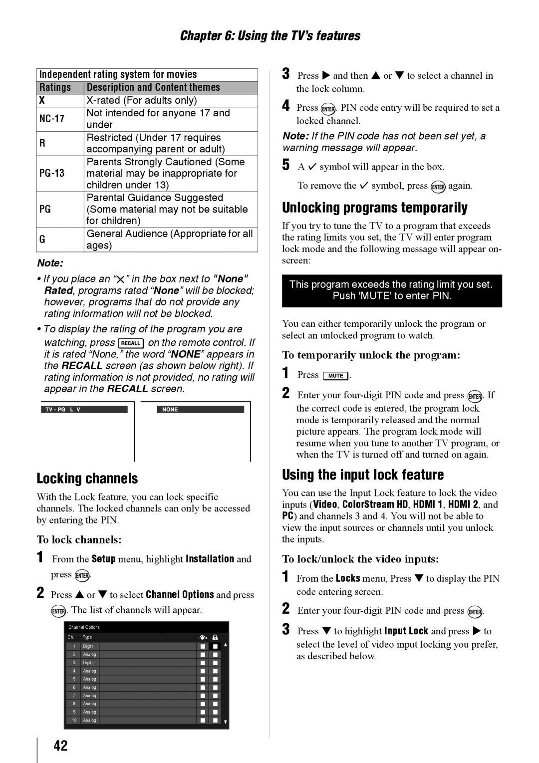 Toshiba 32SL410U, 24SL410U, 19SL410U Locking channels, Unlocking programs temporarily, Using the input lock feature 