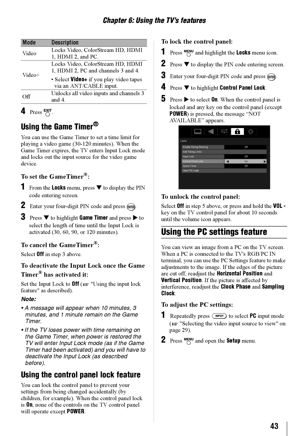 Toshiba 24SL410U, 32SL410U Using the PC settings feature, Using the Game Timer, Using the control panel lock feature 