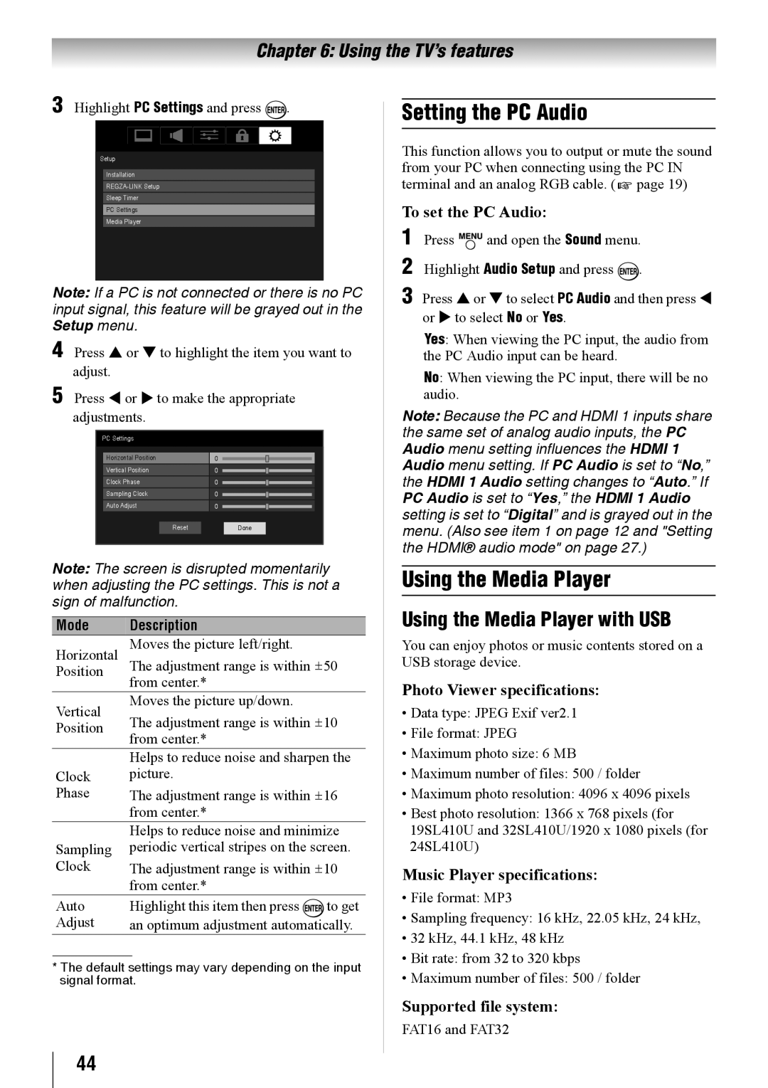 Toshiba 19SL410U, 32SL410U, 24SL410U owner manual Setting the PC Audio, Using the Media Player with USB 