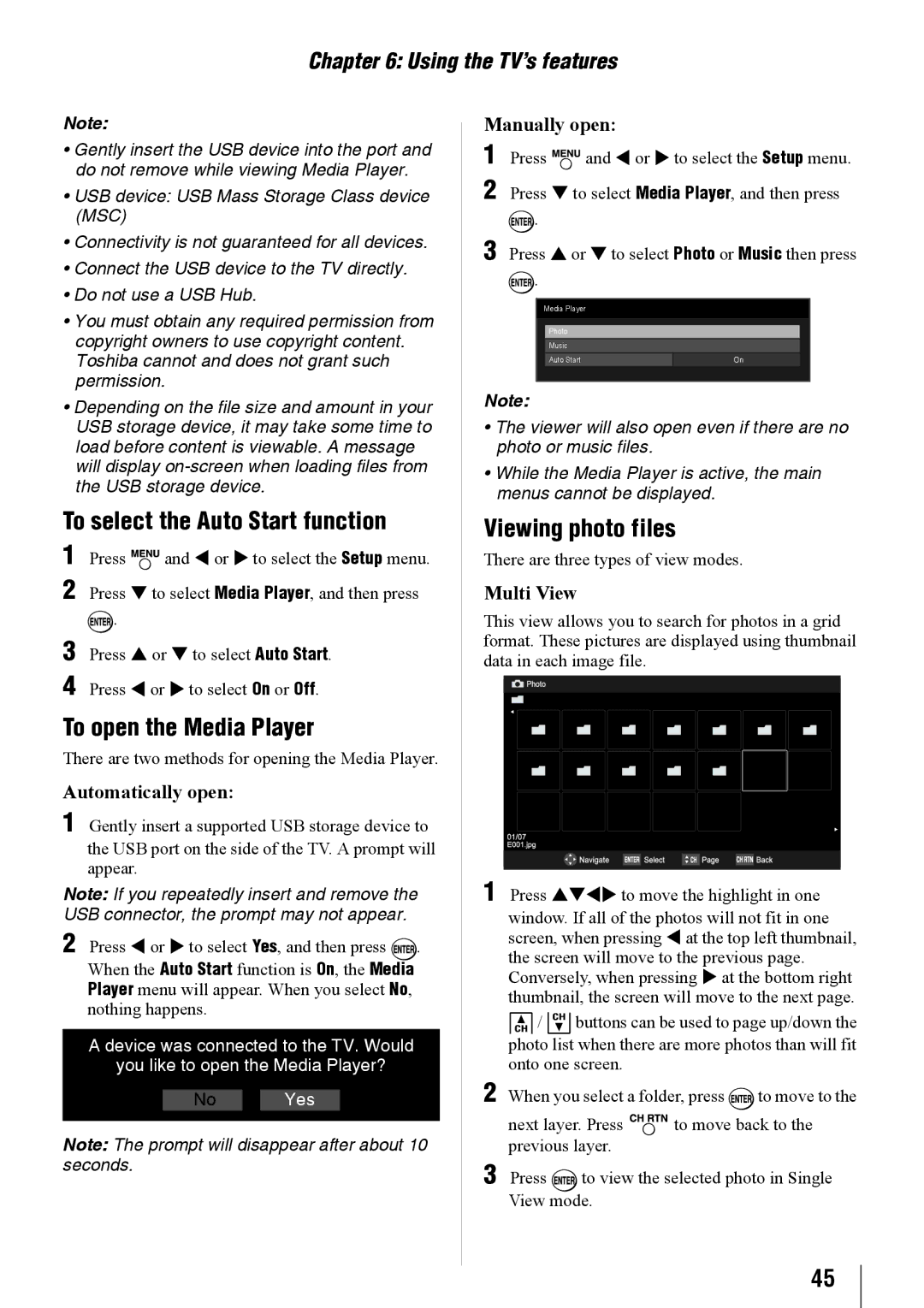 Toshiba 32SL410U, 24SL410U, 19SL410U To select the Auto Start function, To open the Media Player, Viewing photo files 