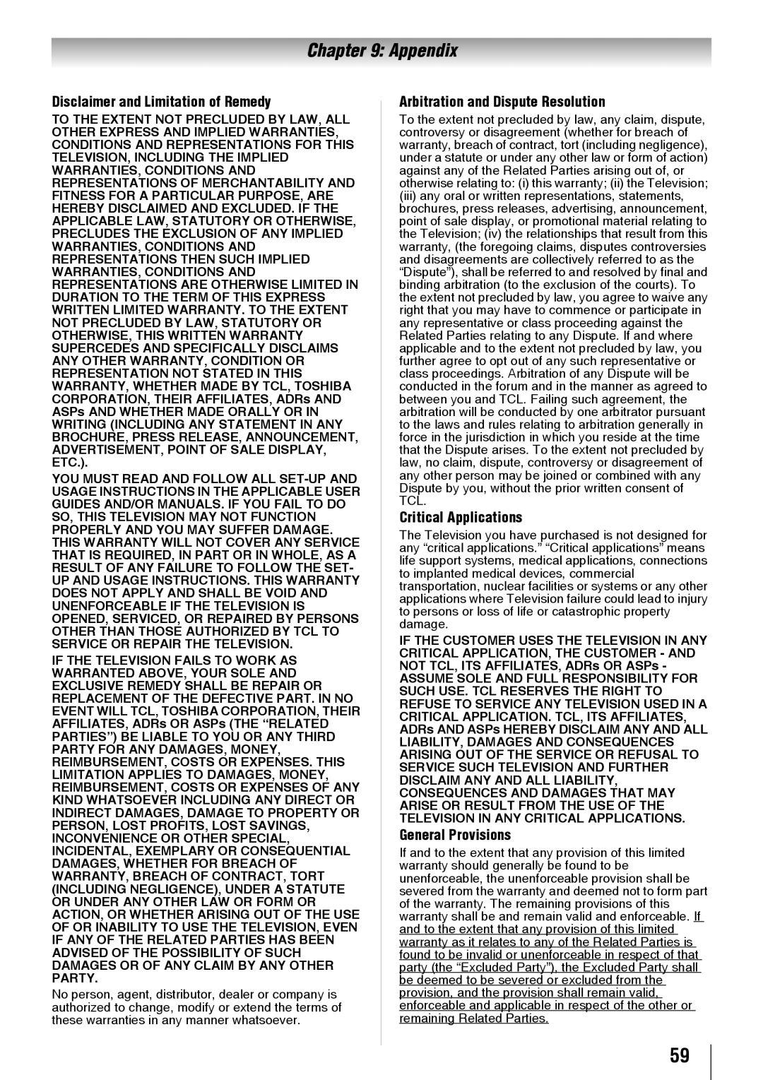 Toshiba 19SL410U, 32SL410U Disclaimer and Limitation of Remedy, Arbitration and Dispute Resolution, Critical Applications 