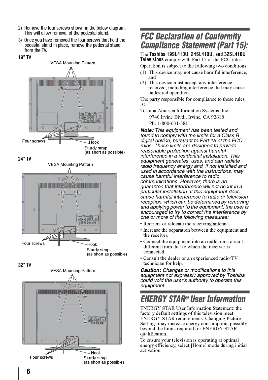 Toshiba 32SL410U, 24SL410U, 19SL410U owner manual 19 TV, 24 TV, 32 TV 