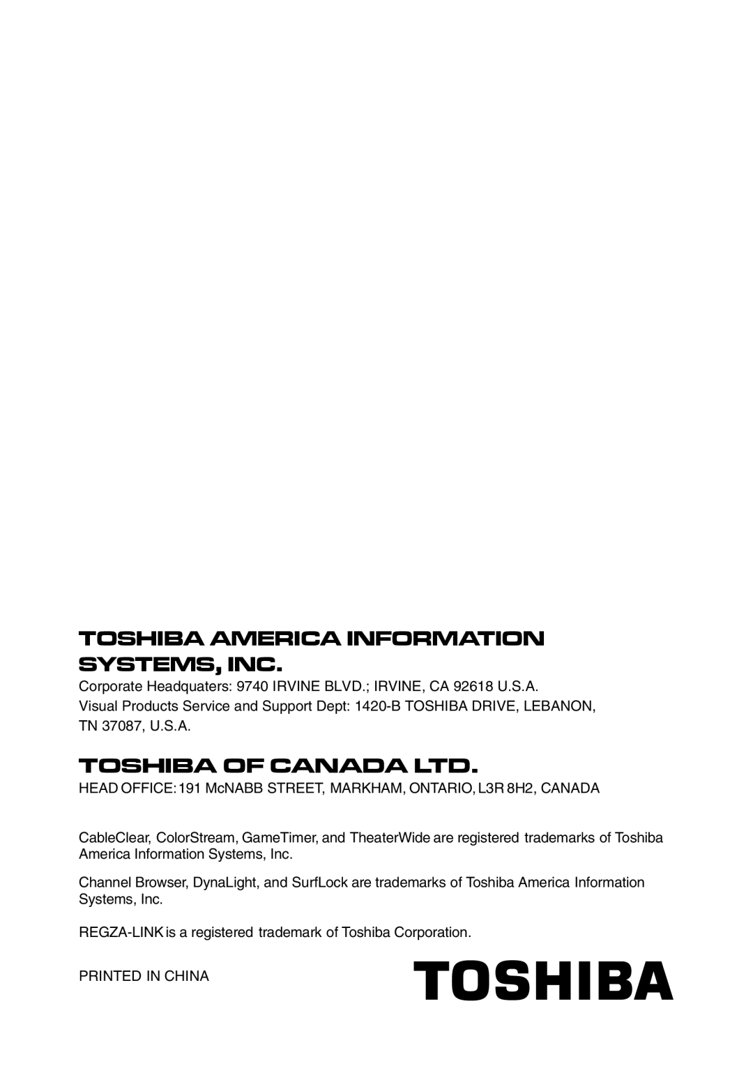 Toshiba 19SL410U, 32SL410U, 24SL410U owner manual Toshiba America Information SYSTEMS, INC 