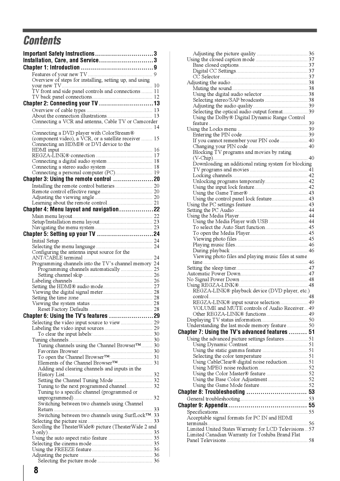 Toshiba 19SL410U, 32SL410U, 24SL410U owner manual Contents 