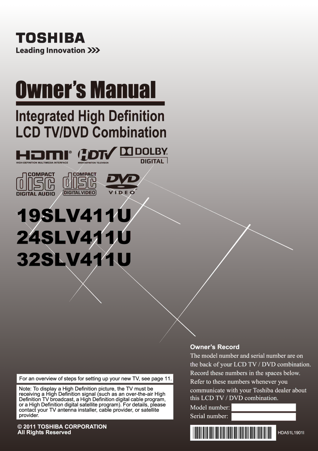 Toshiba 24SLV411U, 32SLV411U, 19SLV411U manual 