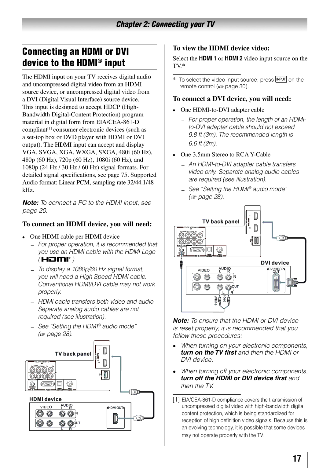 Toshiba 19SLV411U, 32SLV411U Connecting an Hdmi or DVI device to the Hdmi input, To connect an Hdmi device, you will need 