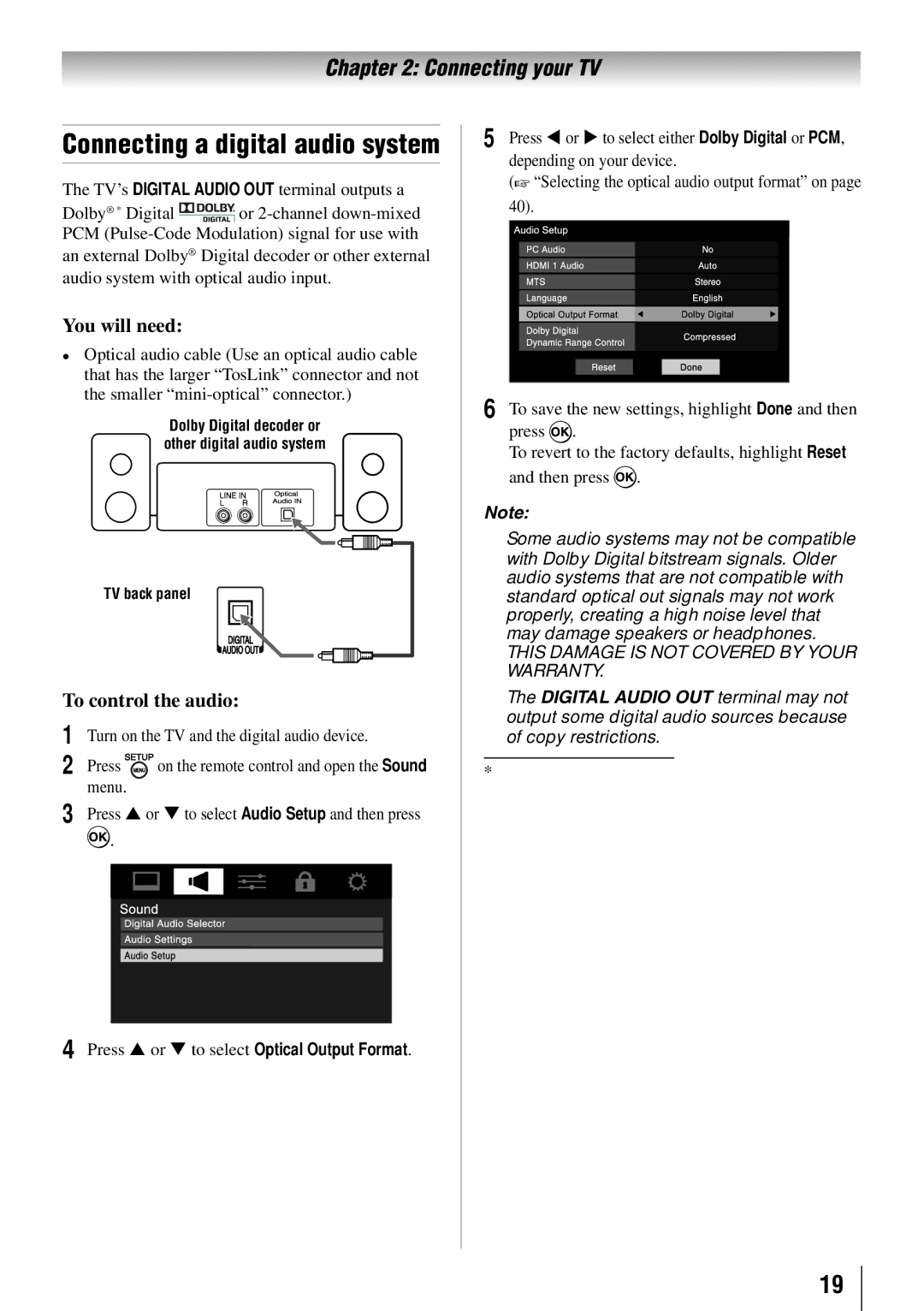 Toshiba 24SLV411U manual Connecting a digital audio system, To control the audio, TV’s Digital Audio OUT terminal outputs a 