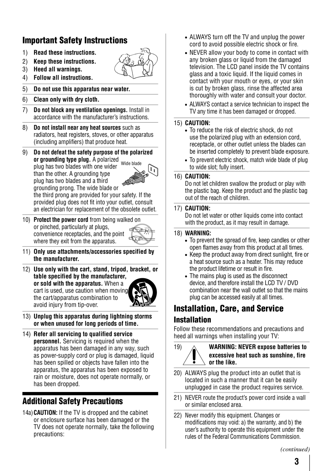 Toshiba 32SLV411U, 24SLV411U Important Safety Instructions, Additional Safety Precautions, Installation, Care, and Service 