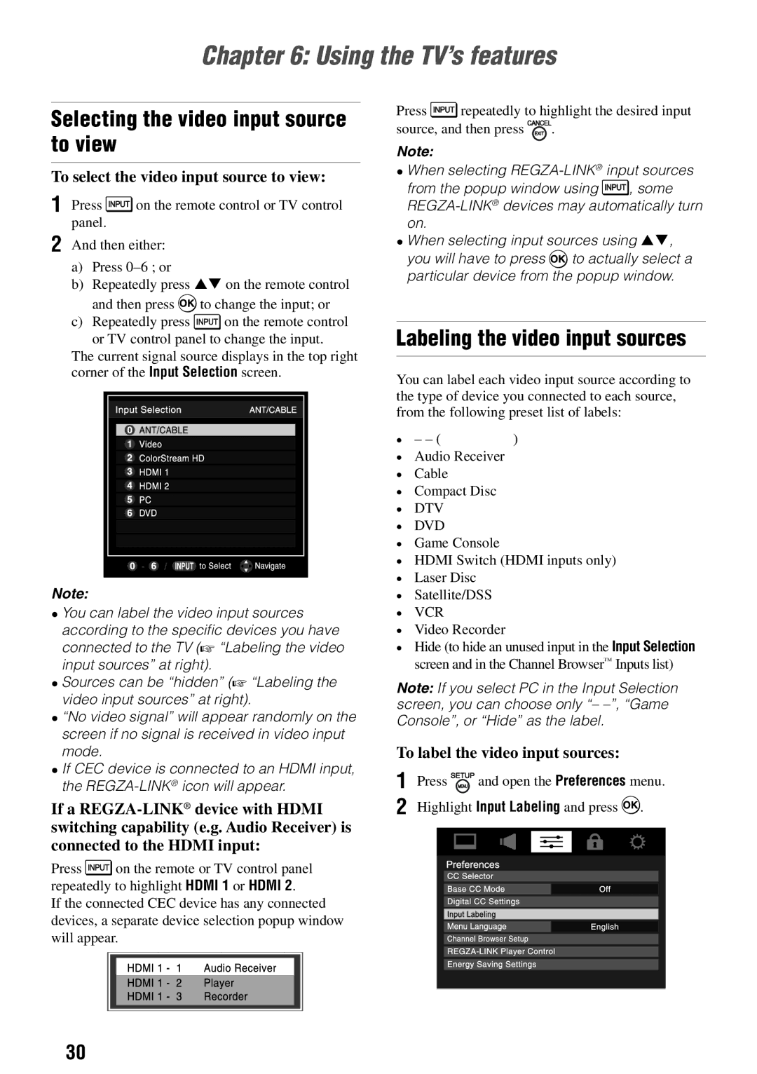 Toshiba 32SLV411U Using the TV’s features, Selecting the video input source to view, Labeling the video input sources 