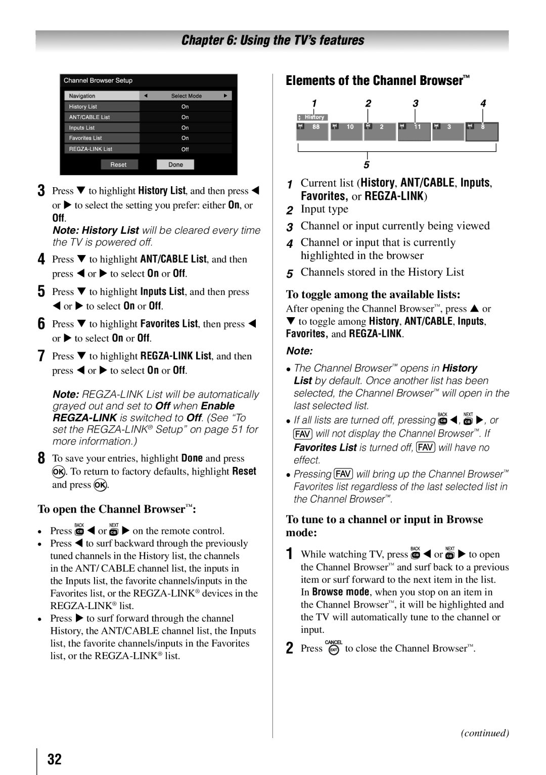 Toshiba 19SLV411U manual Elements of the Channel Browser, To open the Channel Browser, To toggle among the available lists 