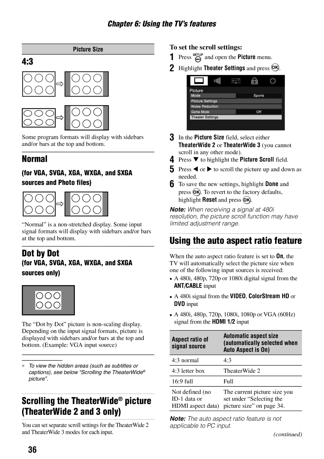 Toshiba 32SLV411U, 24SLV411U, 19SLV411U Using the auto aspect ratio feature, Normal, Dot by Dot, To set the scroll settings 