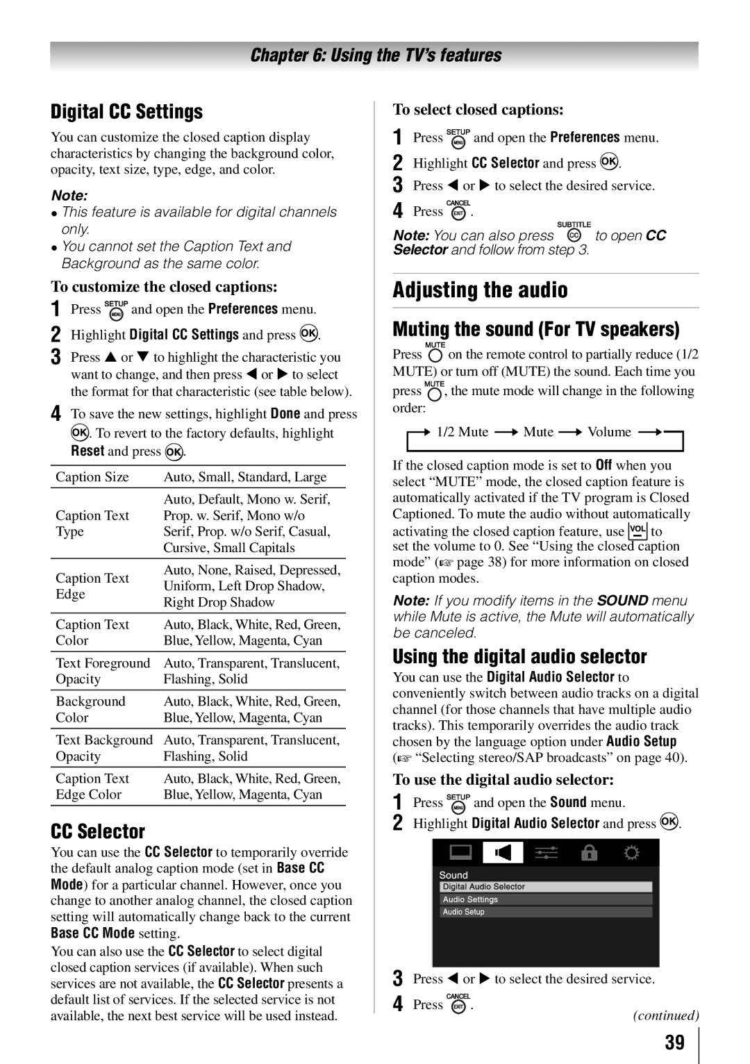 Toshiba 32SLV411U, 24SLV411U manual Adjusting the audio, Digital CC Settings, CC Selector, Muting the sound For TV speakers 