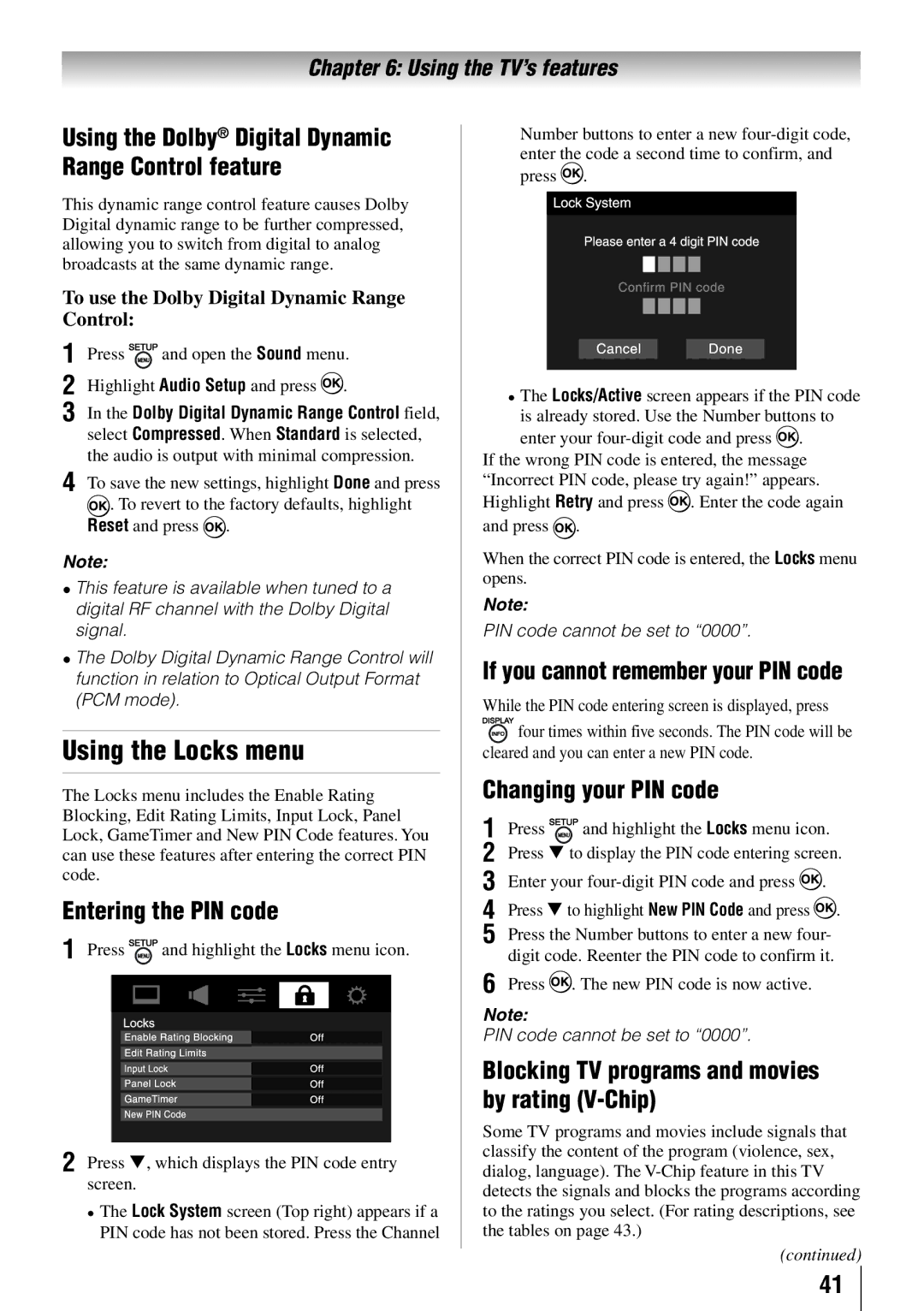 Toshiba 19SLV411U, 32SLV411U, 24SLV411U manual Using the Locks menu, Entering the PIN code, Changing your PIN code 