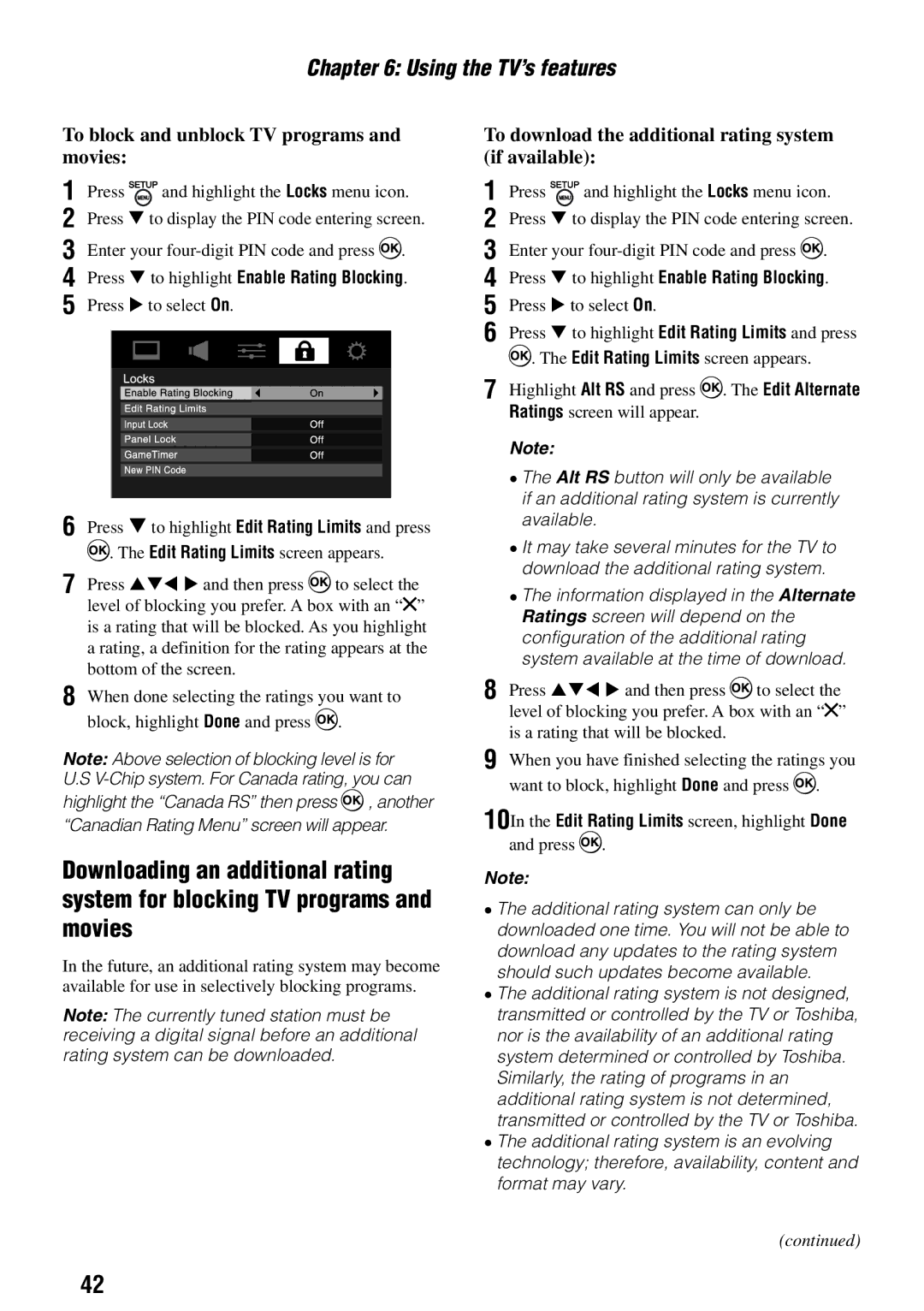 Toshiba 32SLV411U manual To block and unblock TV programs and movies, To download the additional rating system if available 