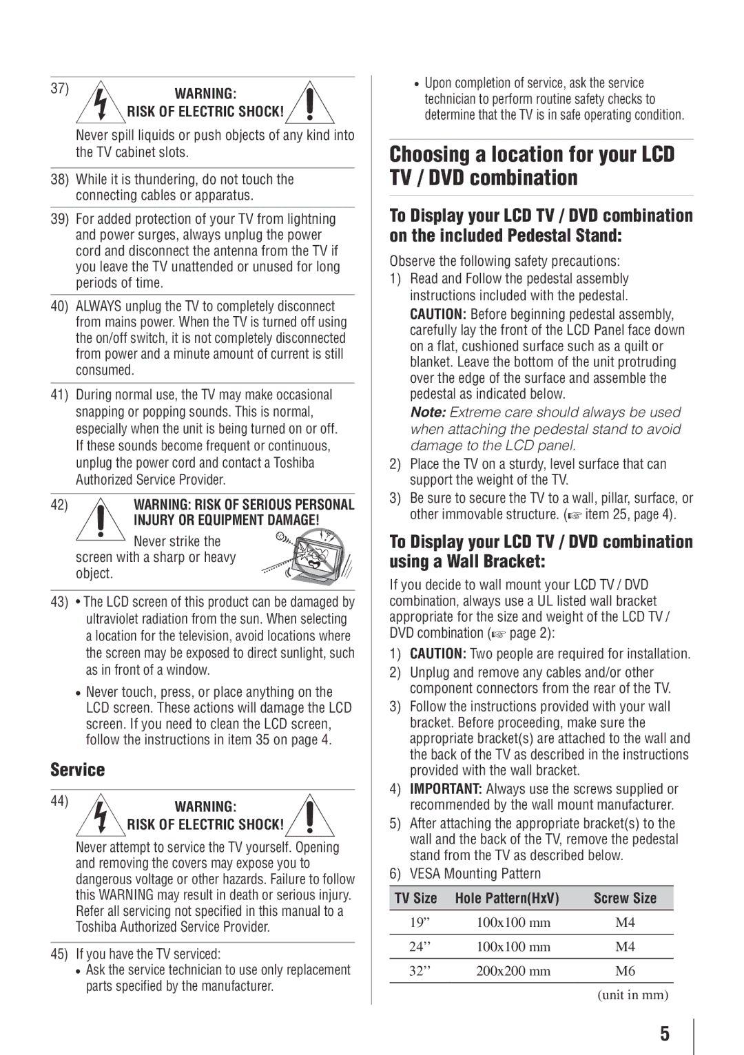 Toshiba 19SLV411U, 32SLV411U manual Choosing a location for your LCD TV / DVD combination, Service, TV Size Hole PatternHxV 